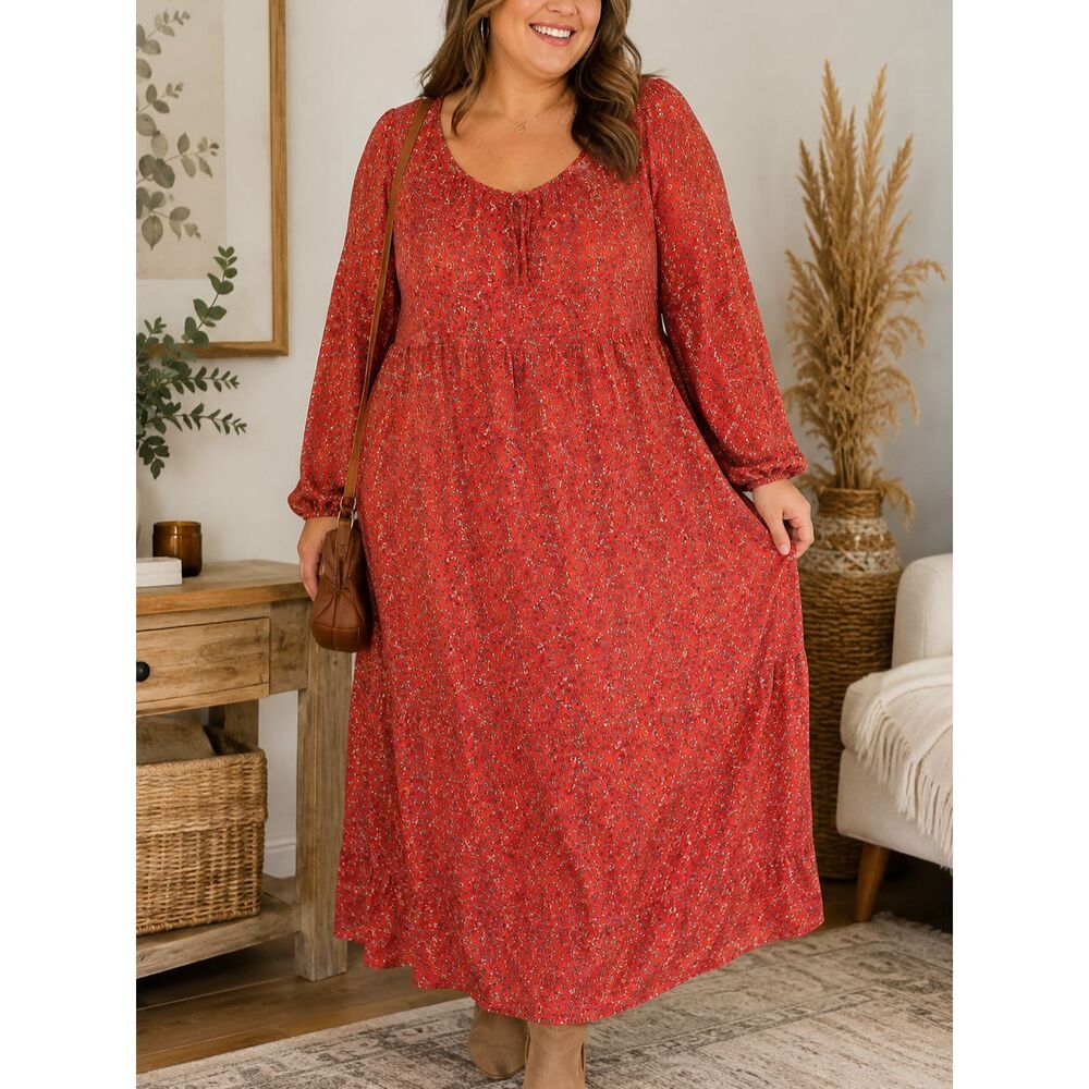 Old Navy XXL Coral Red Ditsy Floral Boho Babydoll Long Sleeve Swing Dress
